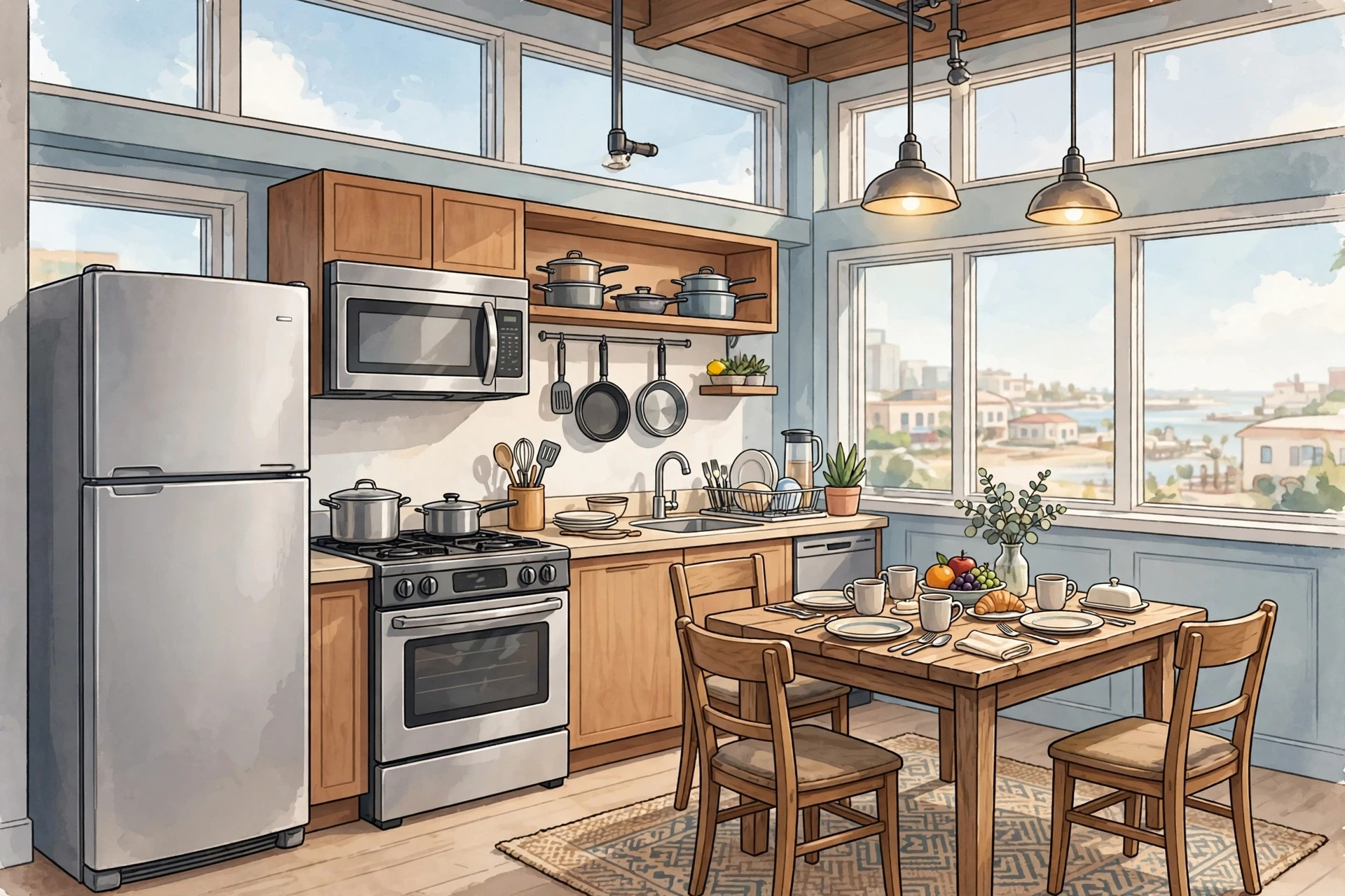 Bright loft kitchen with full-size appliances
