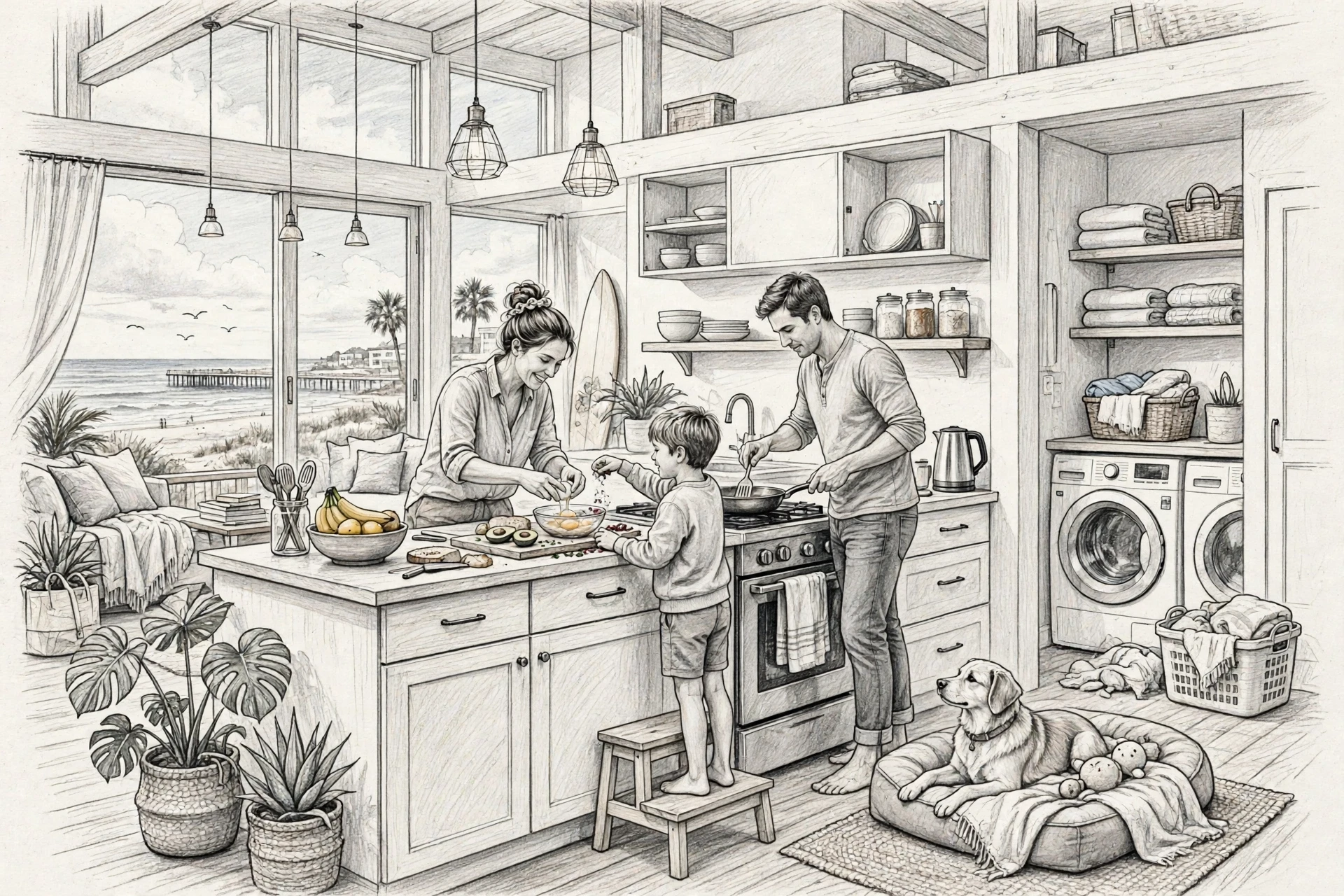 Family cooking breakfast in coastal rental kitchen