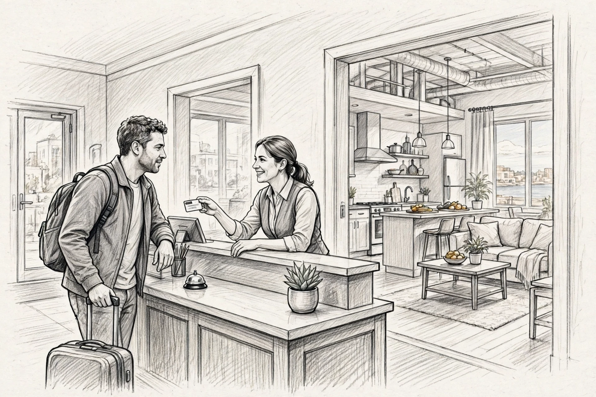 Pencil sketch of hotel check-in and loft kitchen