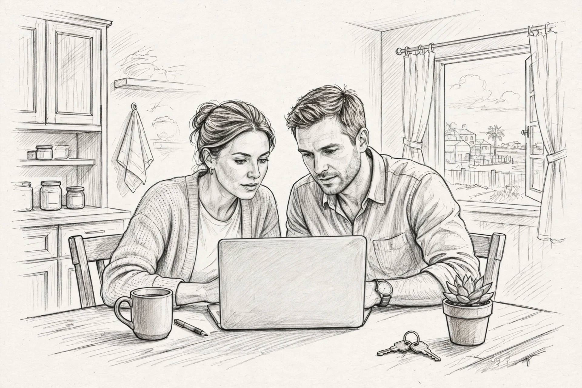 Couple comparing parking notes on laptop