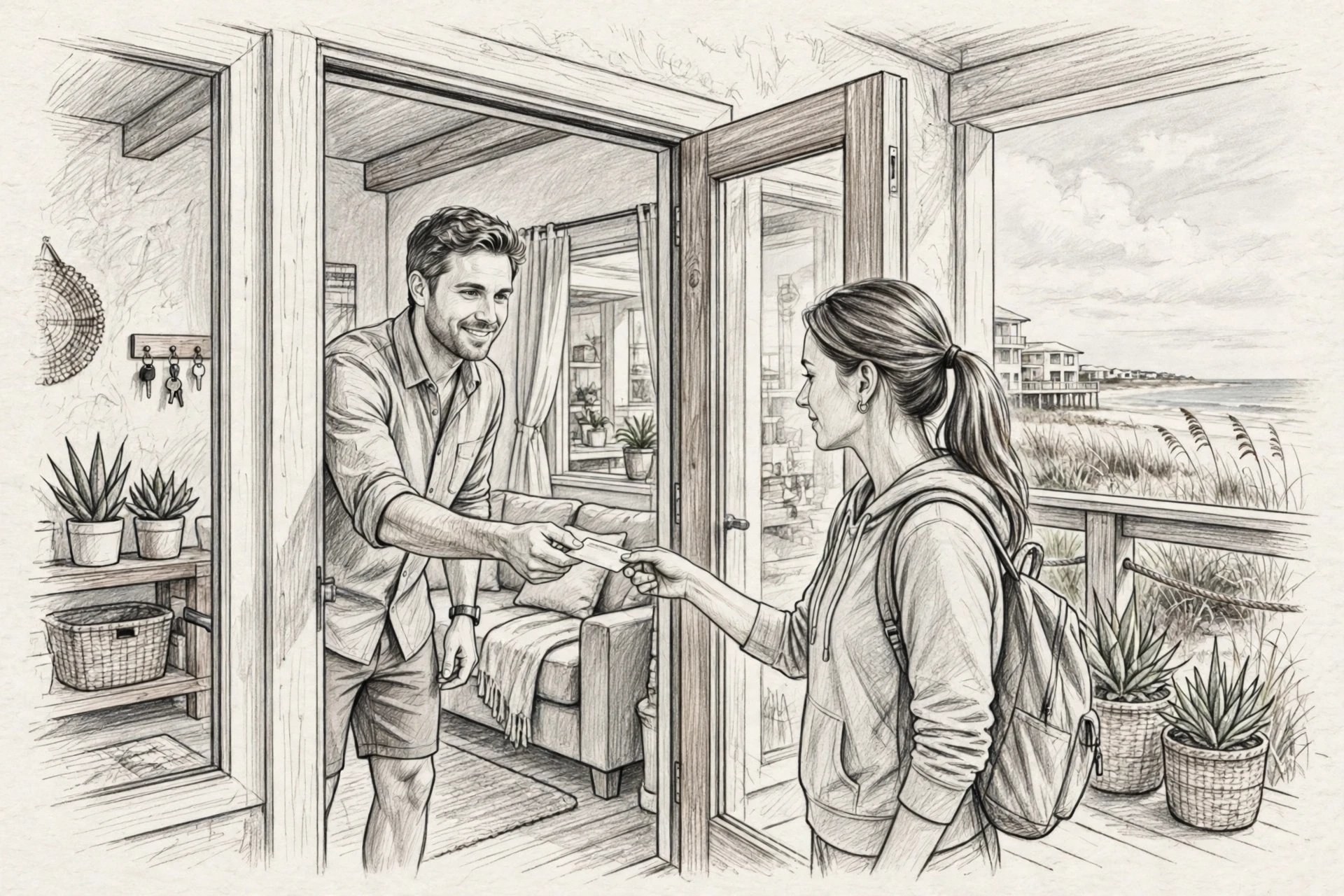 Host handing parking pass at loft doorway