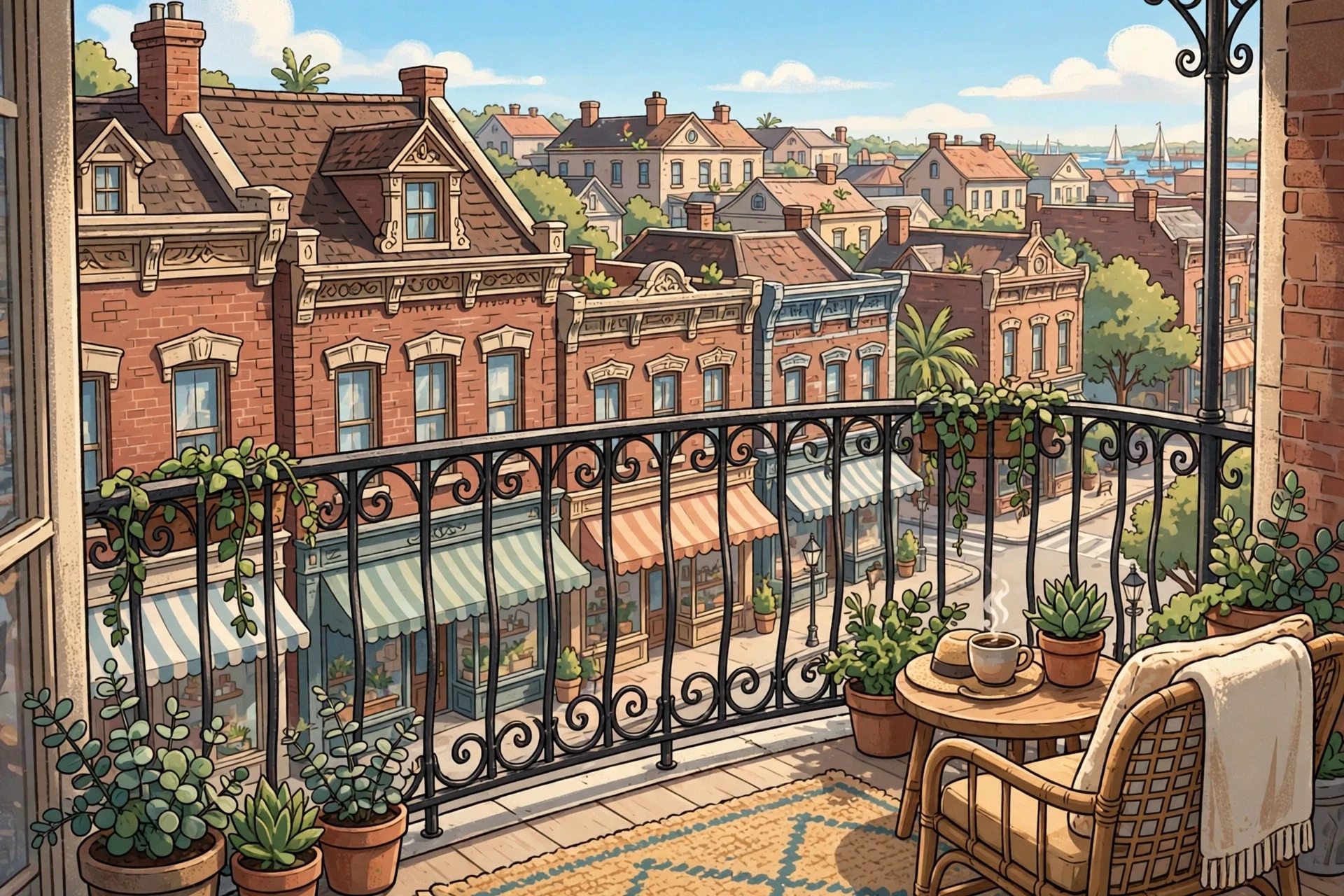Sunny balcony overlooking brick Victorian rooftops