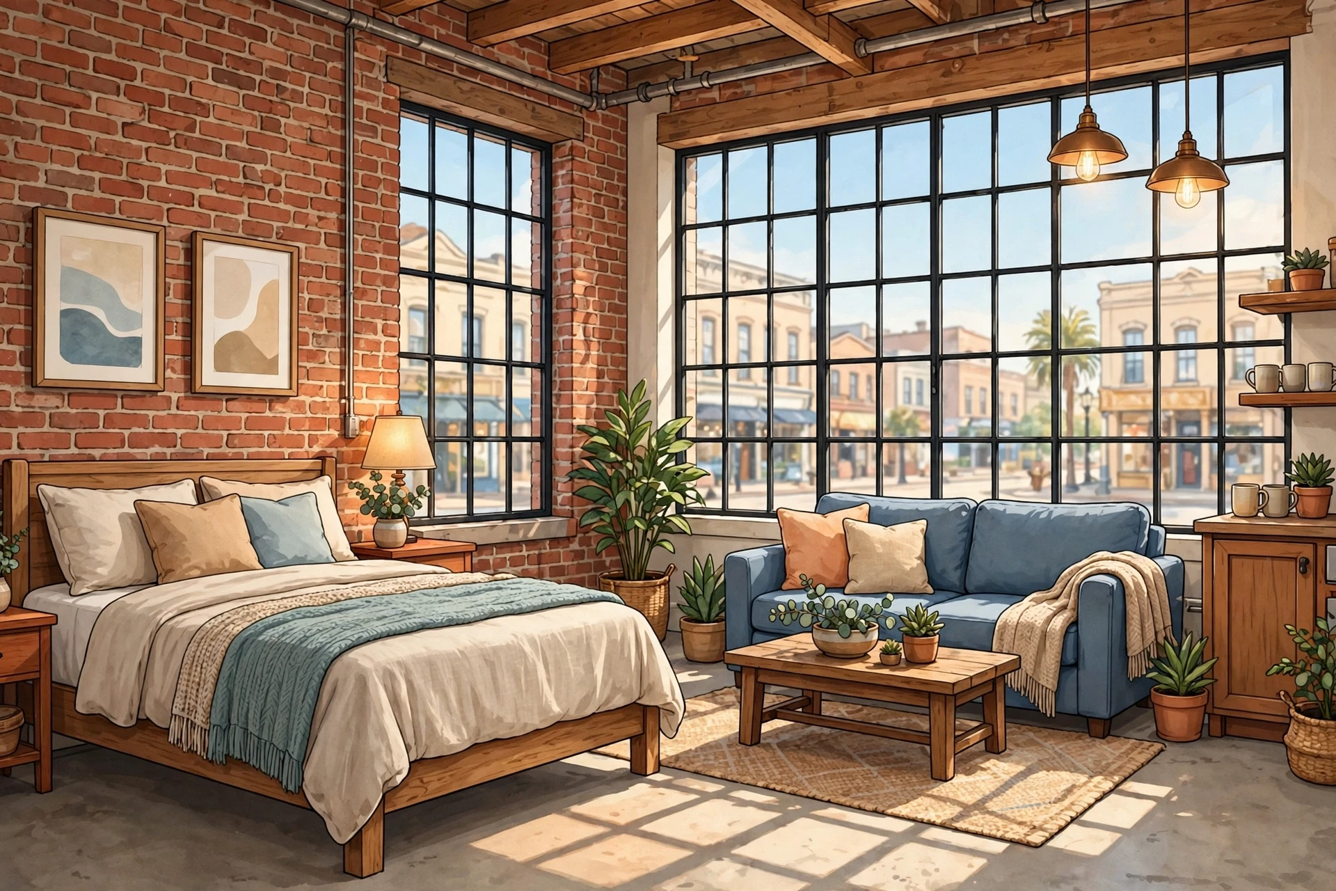 Sunlit brick loft with king bed and sofa