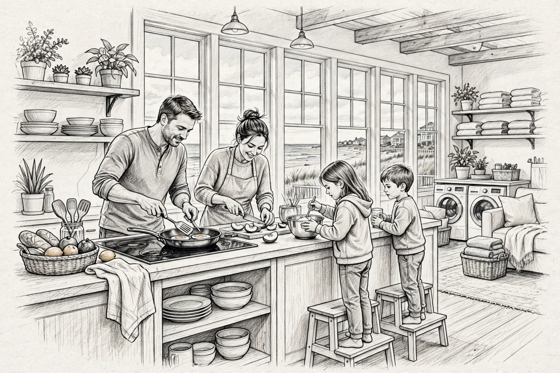 Family cooking breakfast in coastal loft kitchen