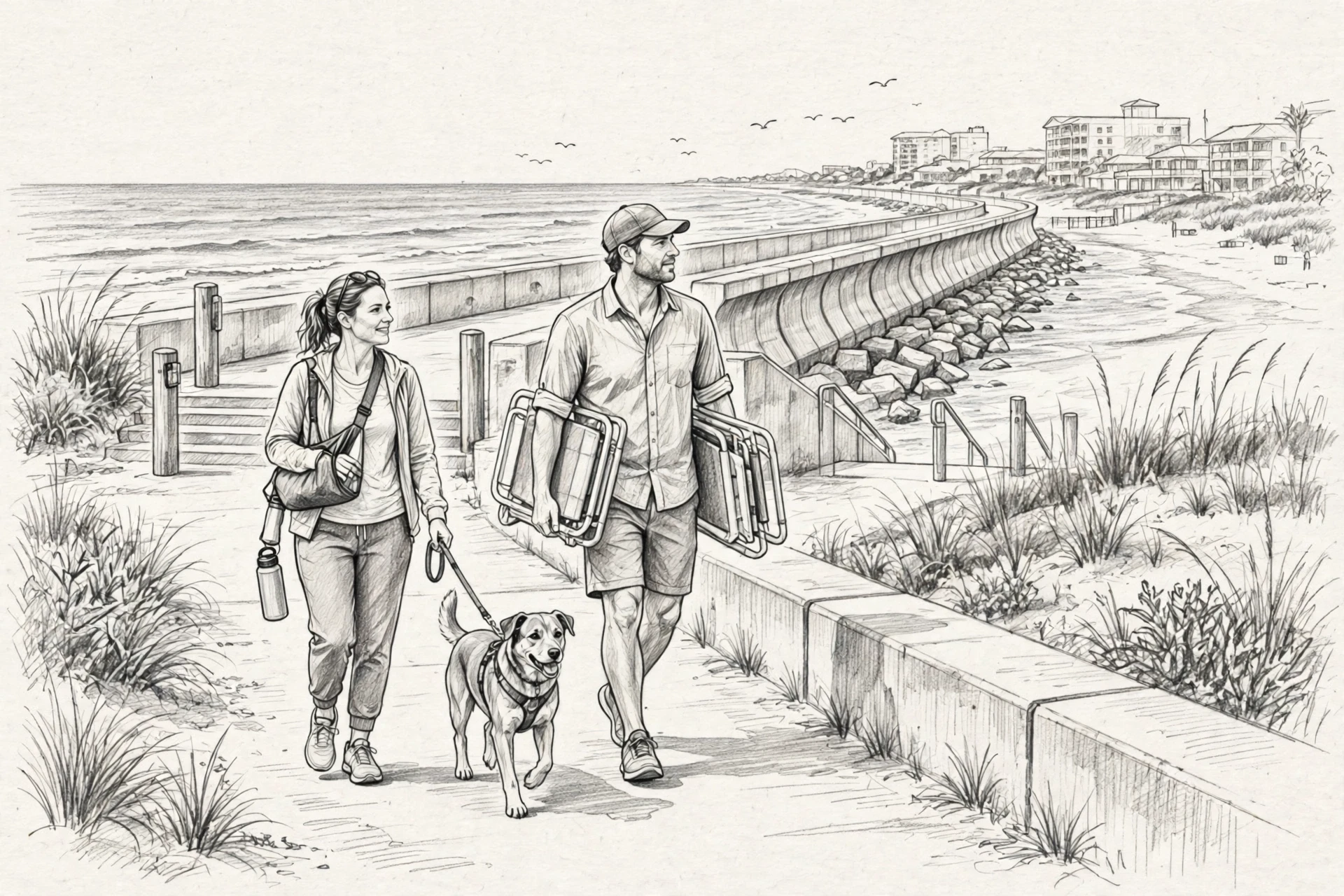 Couple and leashed dog walking to beach access
