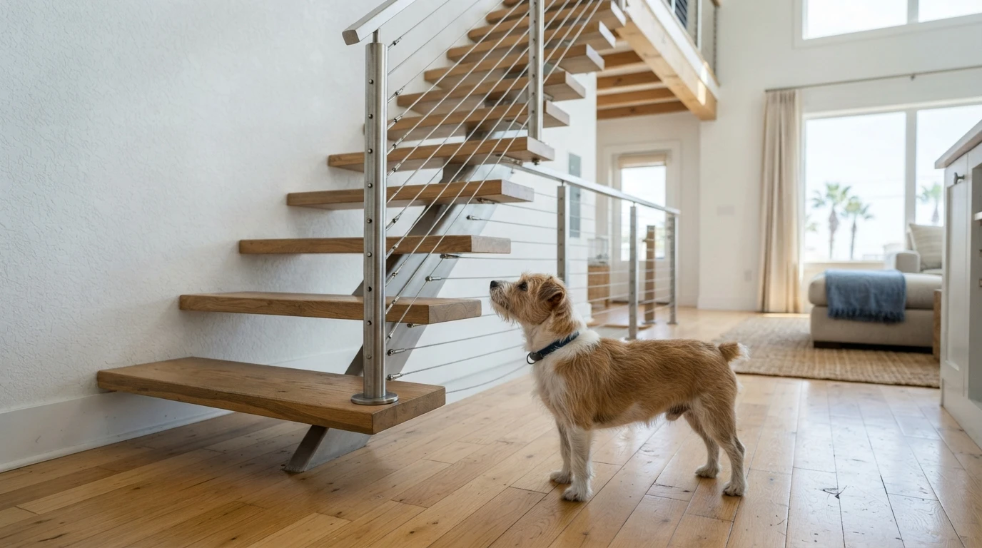 Dog pausing before steep loft stairs