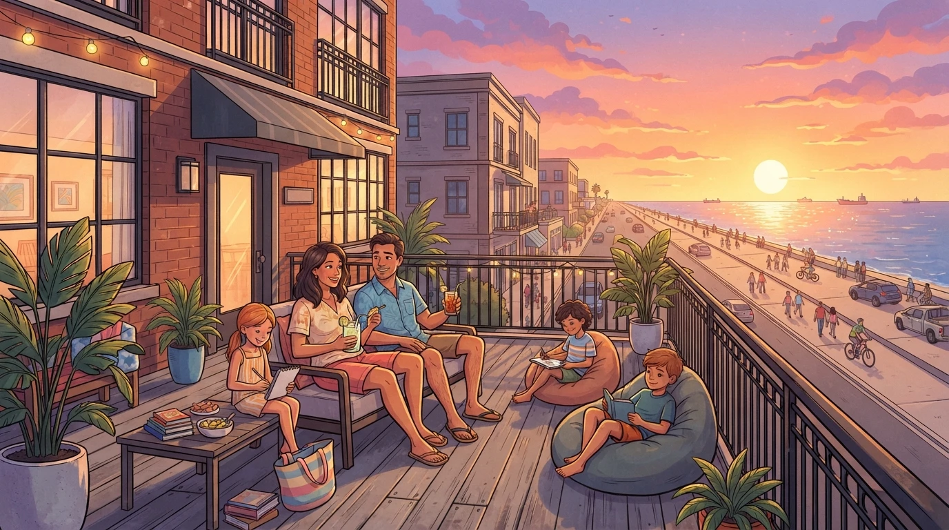 Family relaxing on a private loft balcony