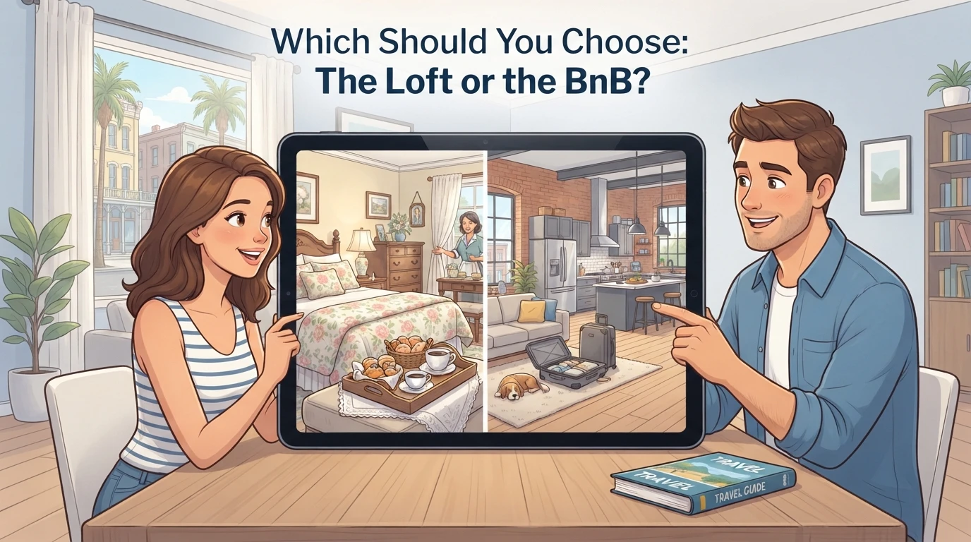 Couple comparing vacation rentals on tablet