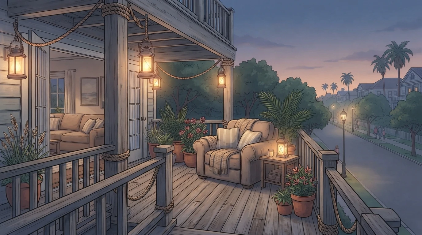 Weathered loft patio at dusk