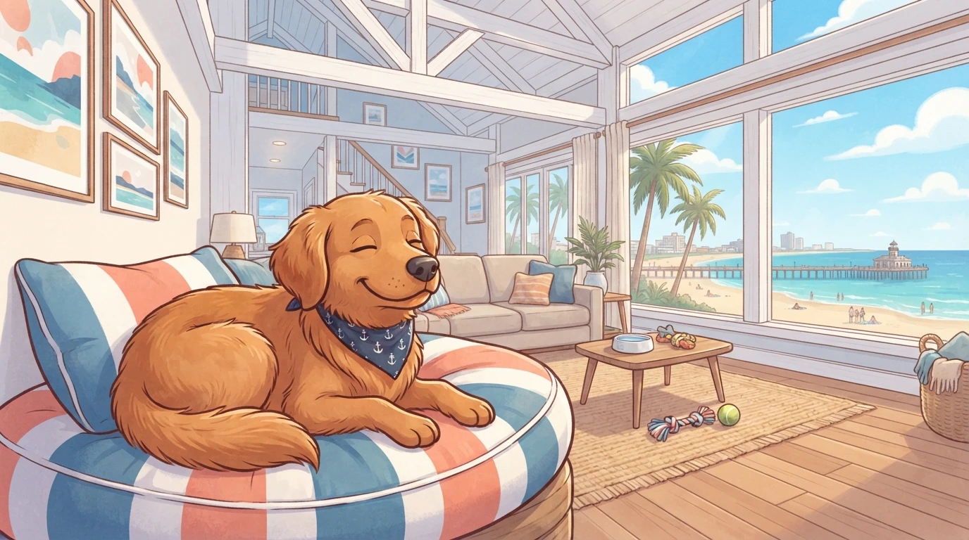 Happy dog lounging on a cushion in coastal loft