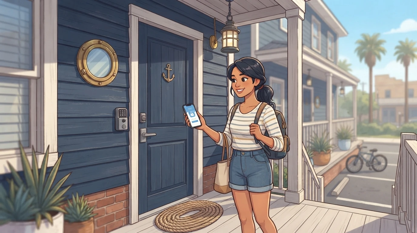 Guest unlocking a nautical loft door