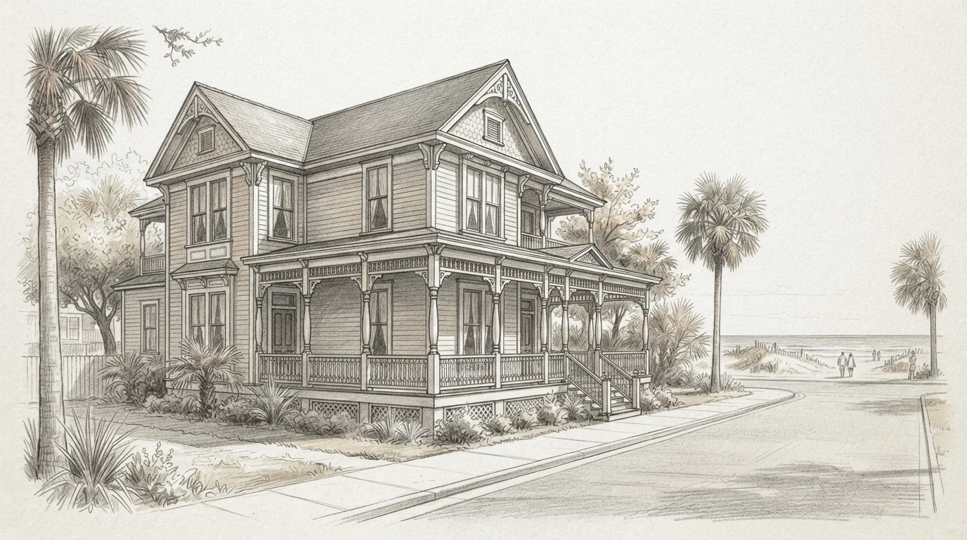Pencil sketch of a coastal Galveston guesthouse
