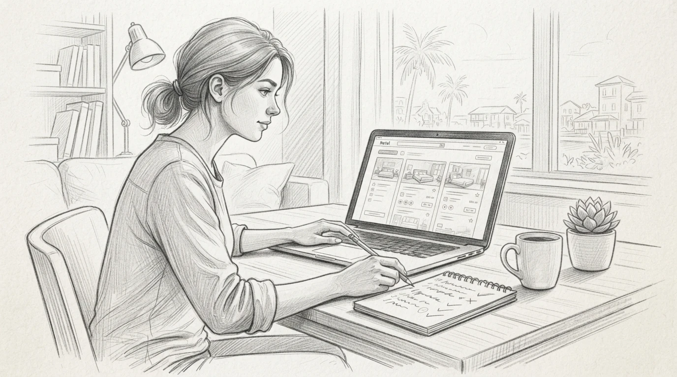 Traveler reviewing options with handwritten list