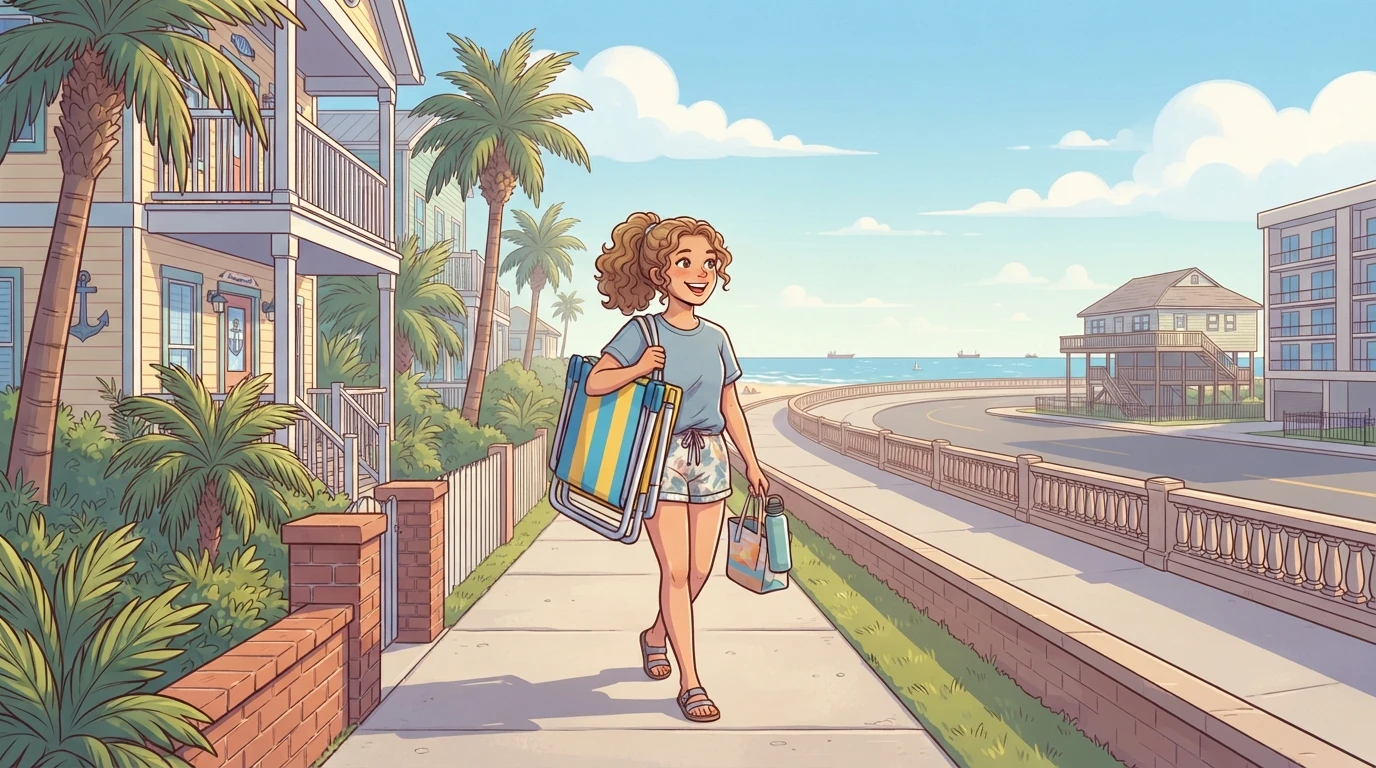 Guest carrying beach chairs toward Galveston Seawall