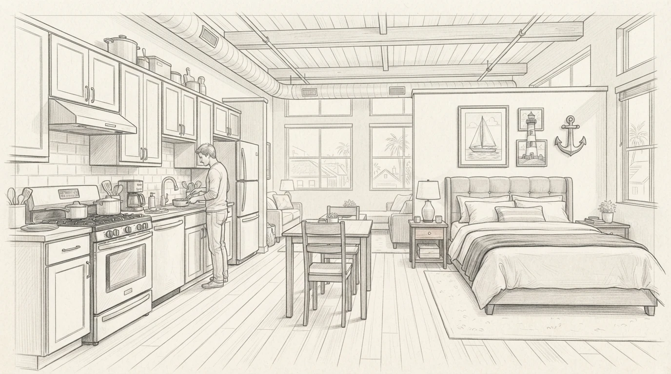 Pencil sketch of a loft kitchen and nautical bedroom