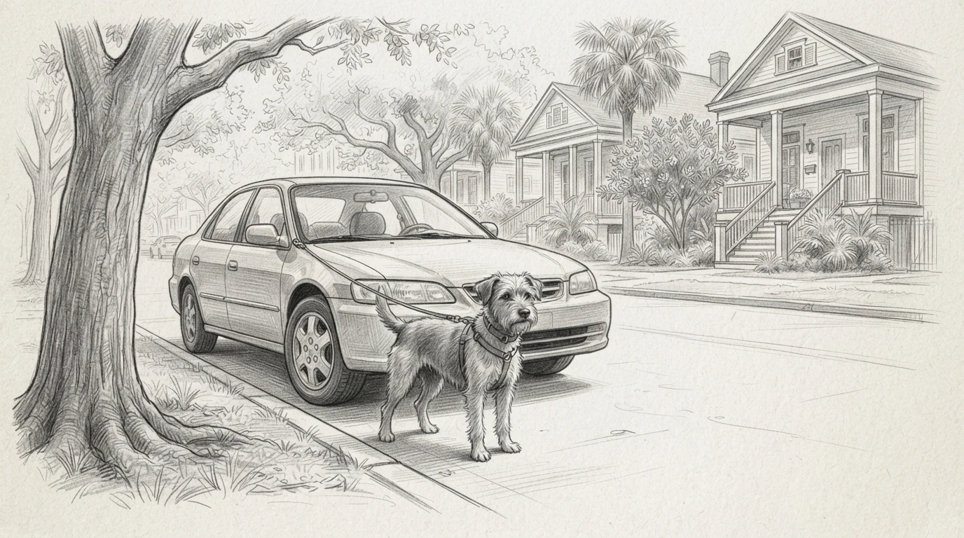 Dog on leash beside parked car