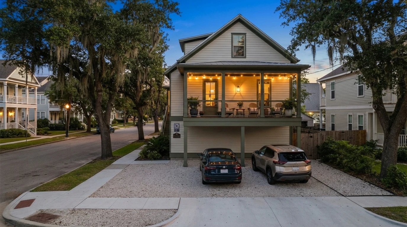 Quiet Galveston loft porch at dusk