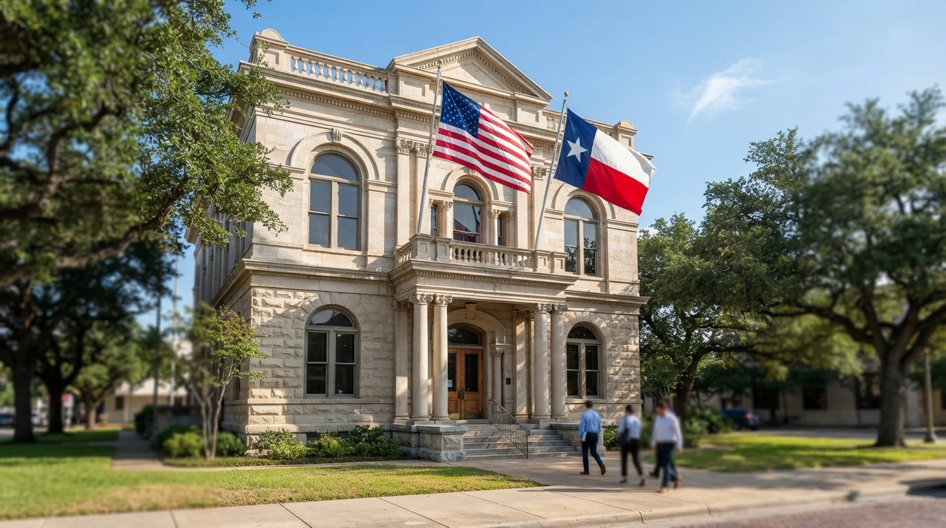 Galveston City Hall facade with Texas flag