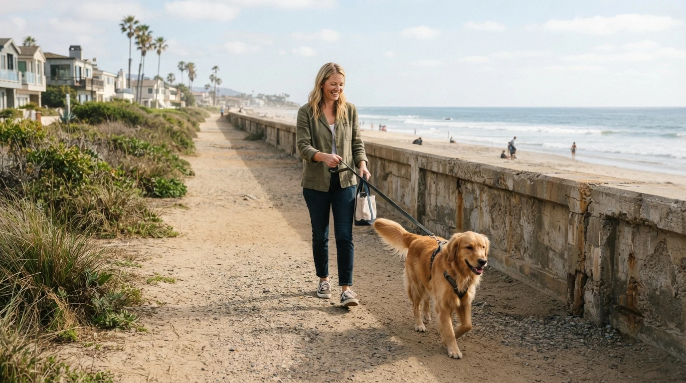 Dog on leash beside owner on beach path
