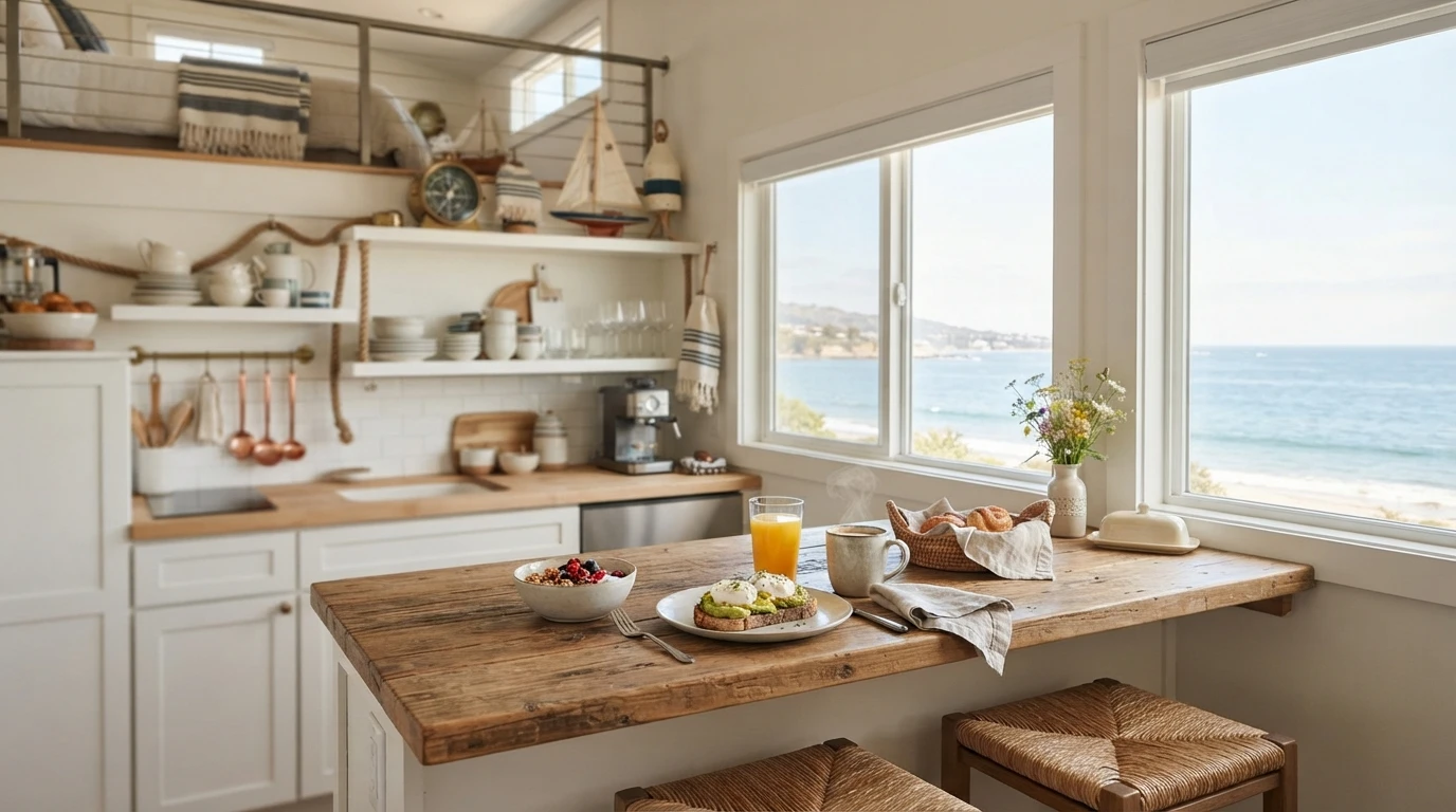 Breakfast spread in a bright nautical loft kitchen
