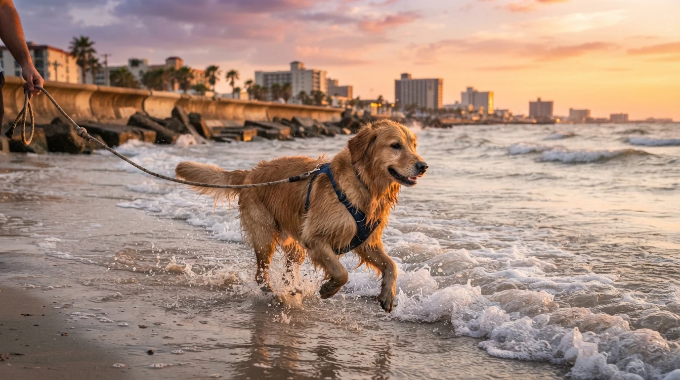 Golden retriever splashing in Gulf surf at sunset