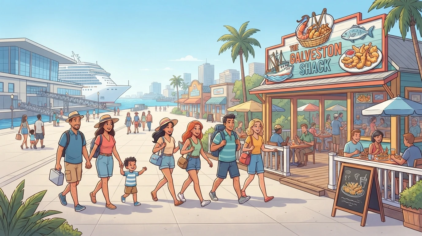 Cruise passengers walk toward a Galveston seafood restaurant