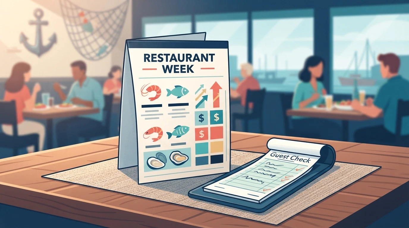 Printed menu beside a guest check on a seafood table