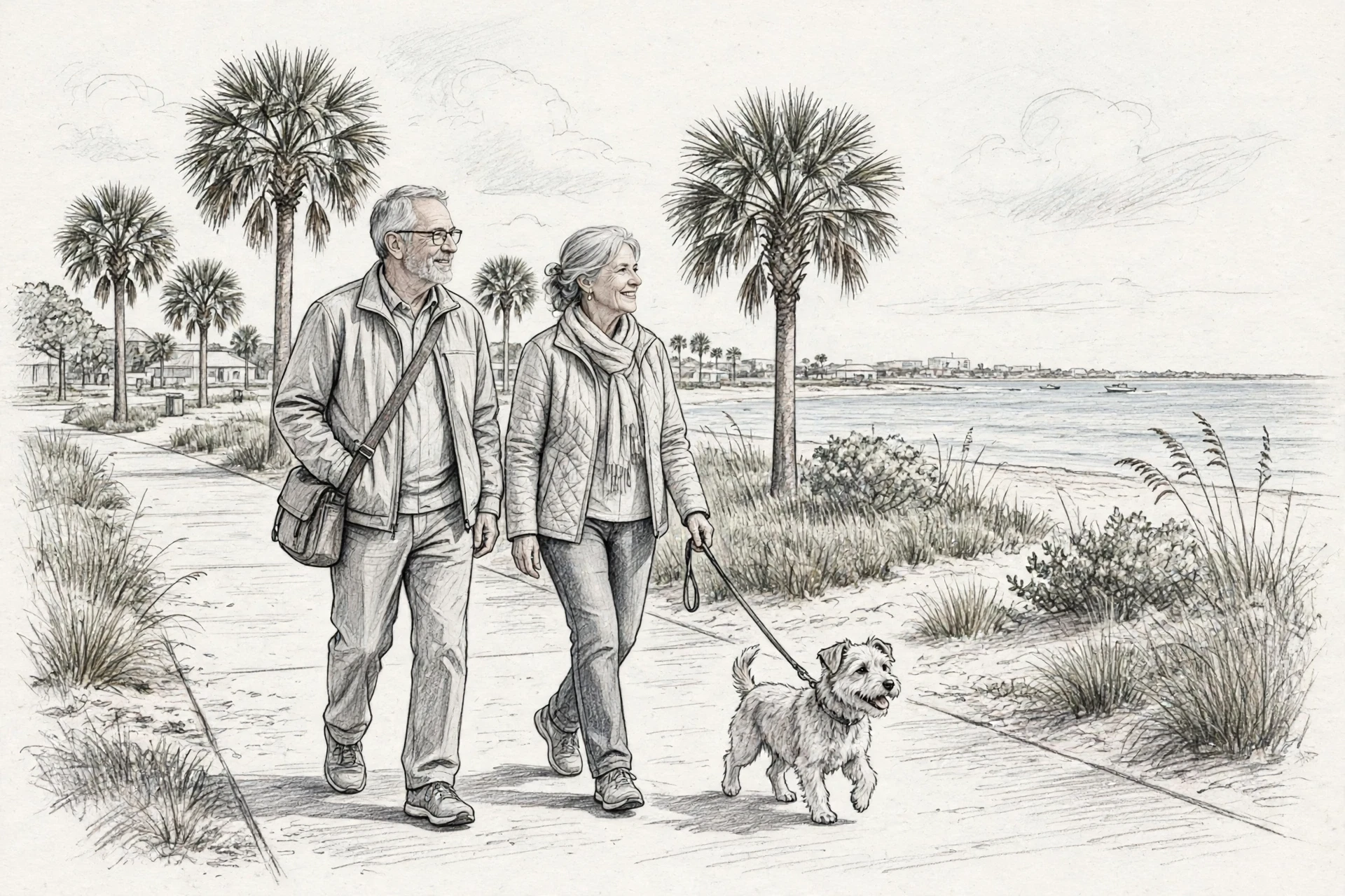 Retired couple strolls Galveston beach with dog