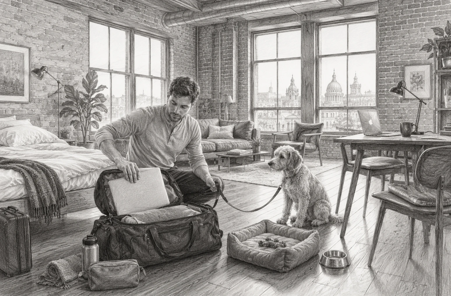 Traveler packing laptop and leash in brick-walled loft