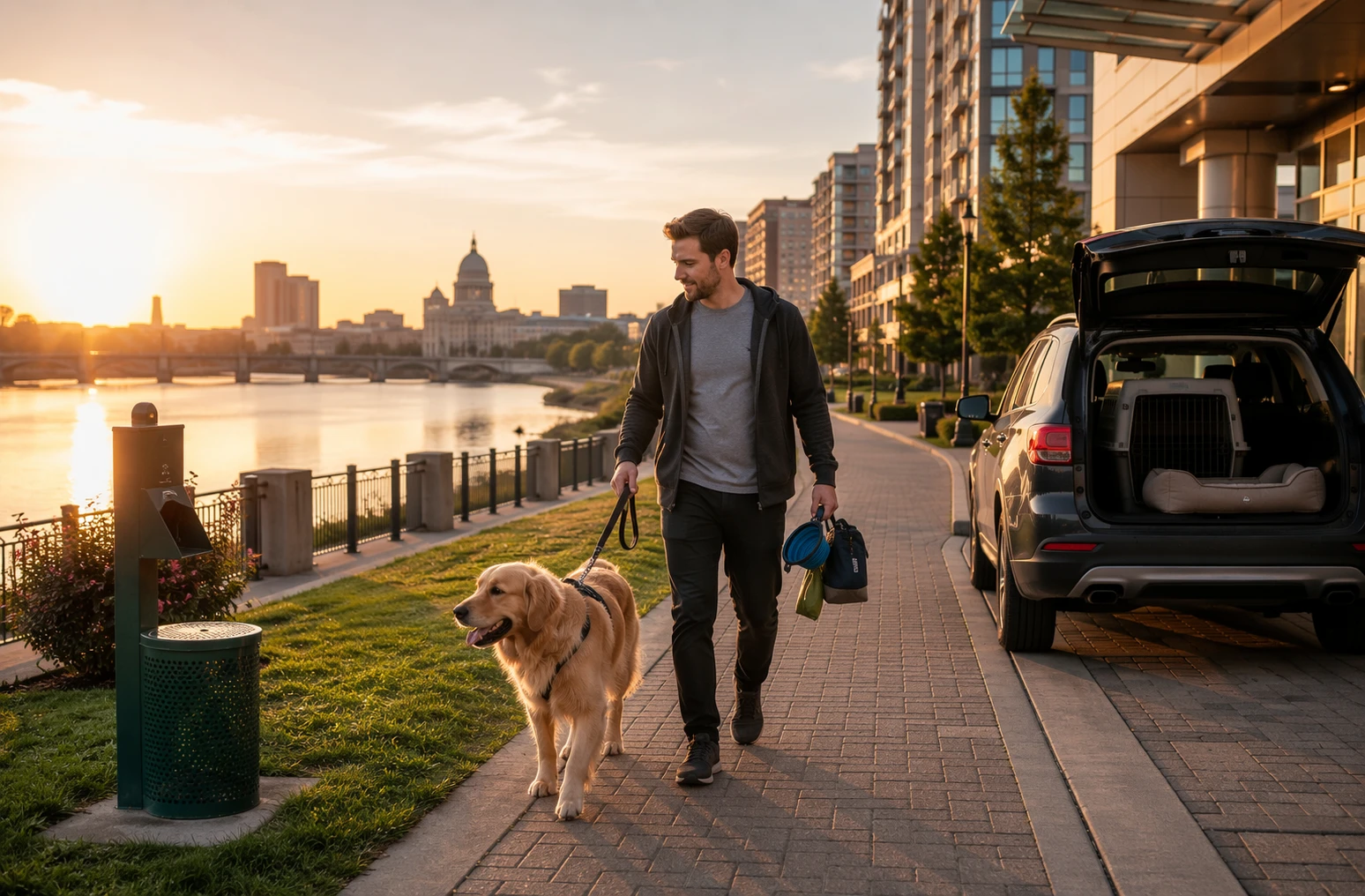 Guest walking their dog on the Riverfront