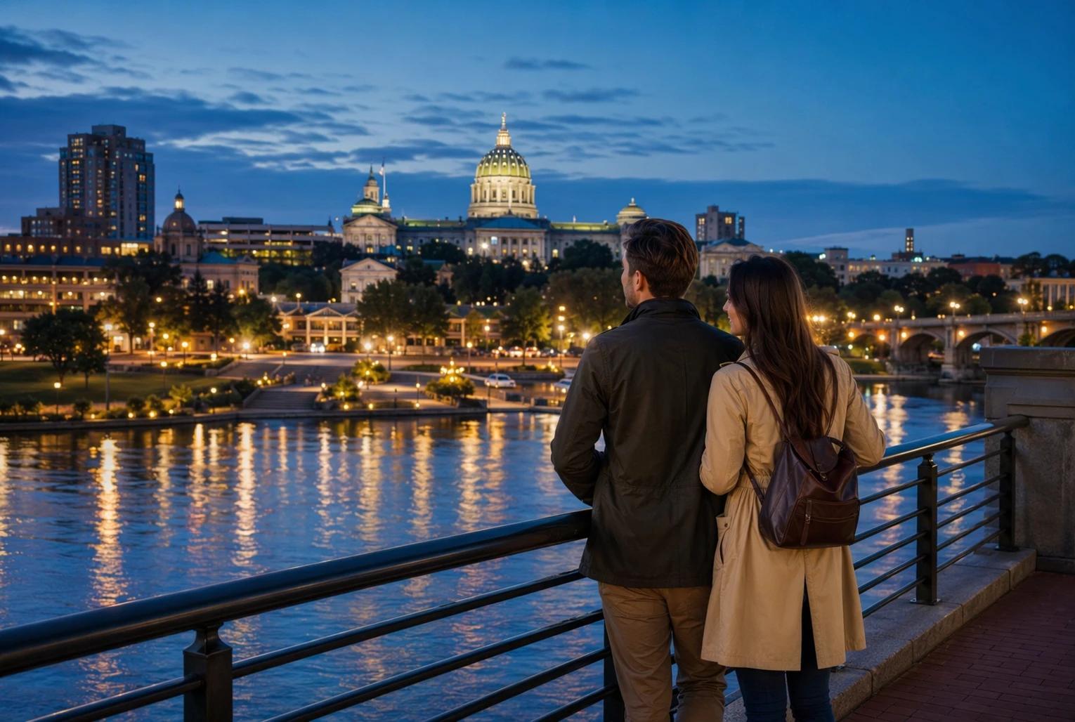 Pareja contemplando la ribera de Harrisburg al atardecer