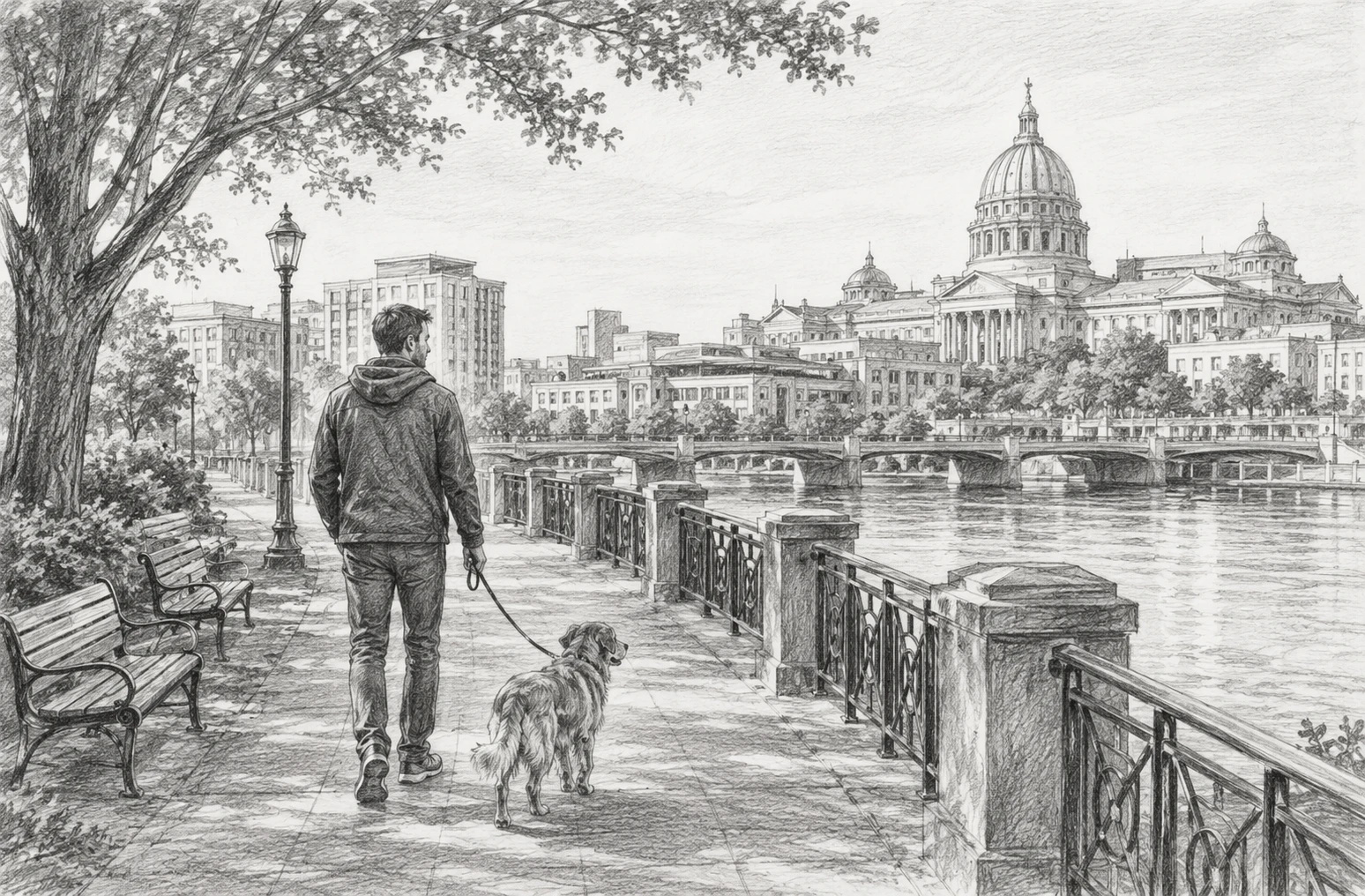 Traveler walking dog along Harrisburg riverfront path at dawn