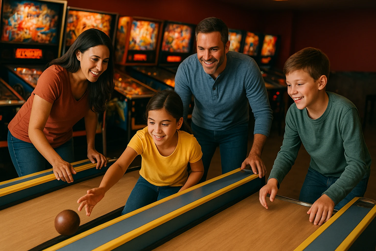 Families enjoying skeeball and pinball at City Island Arcade