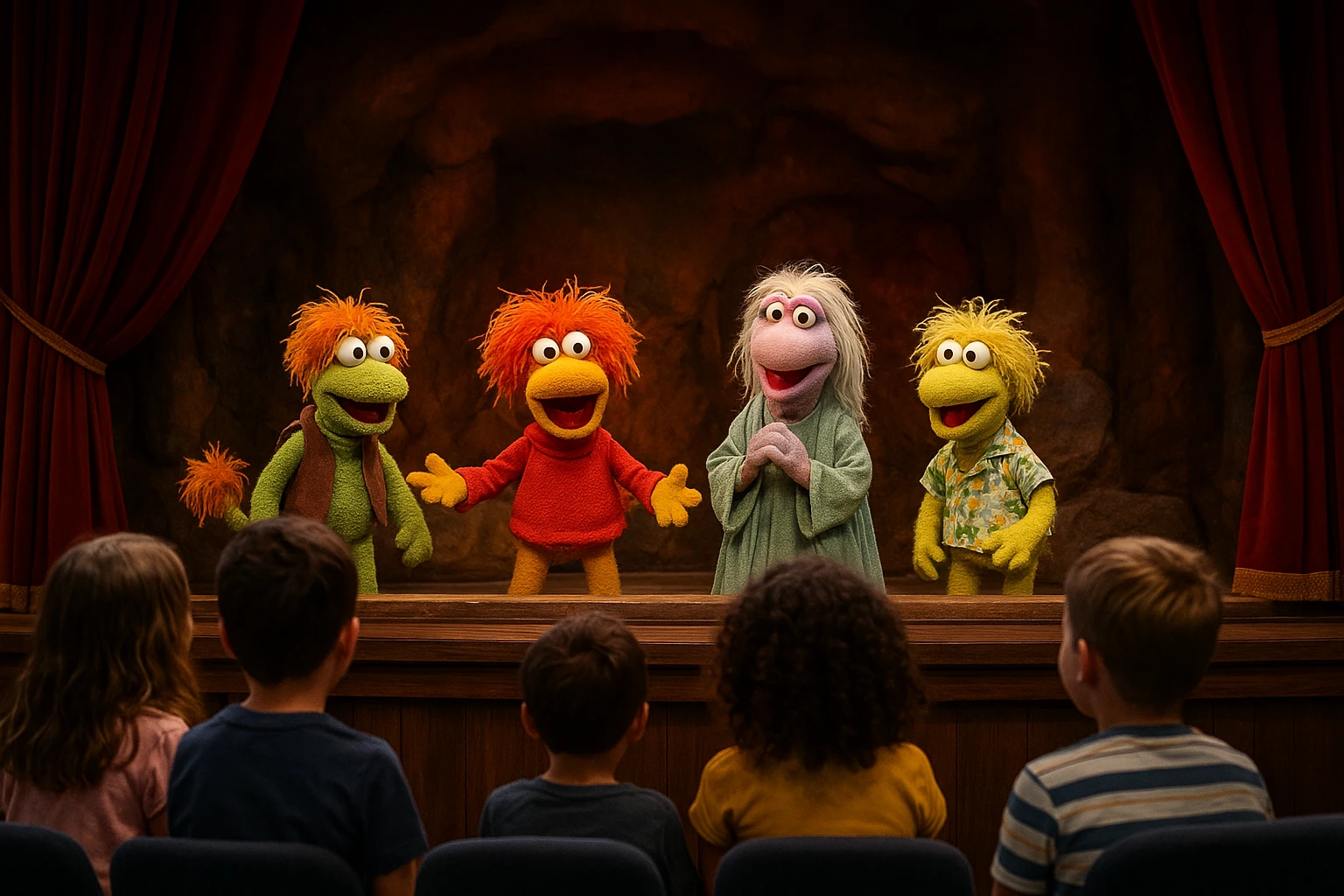 Children watch Fraggle Rock puppets perform live on stage