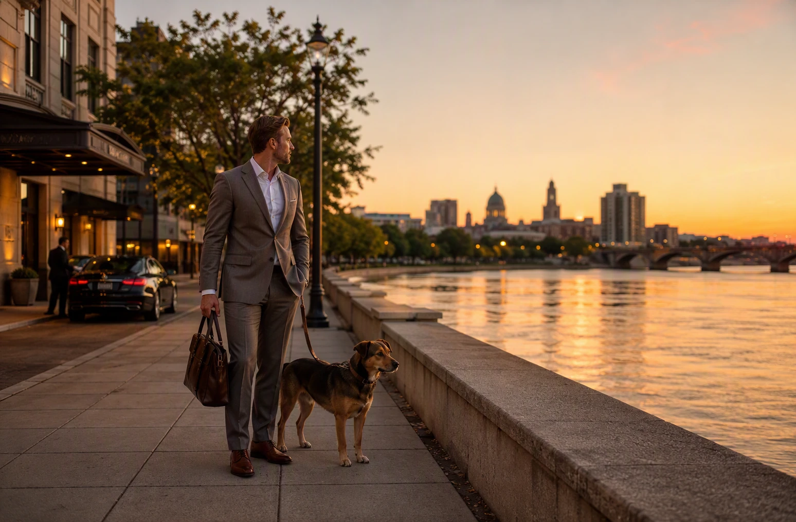 Business traveler and dog near downtown Harrisburg at sunset