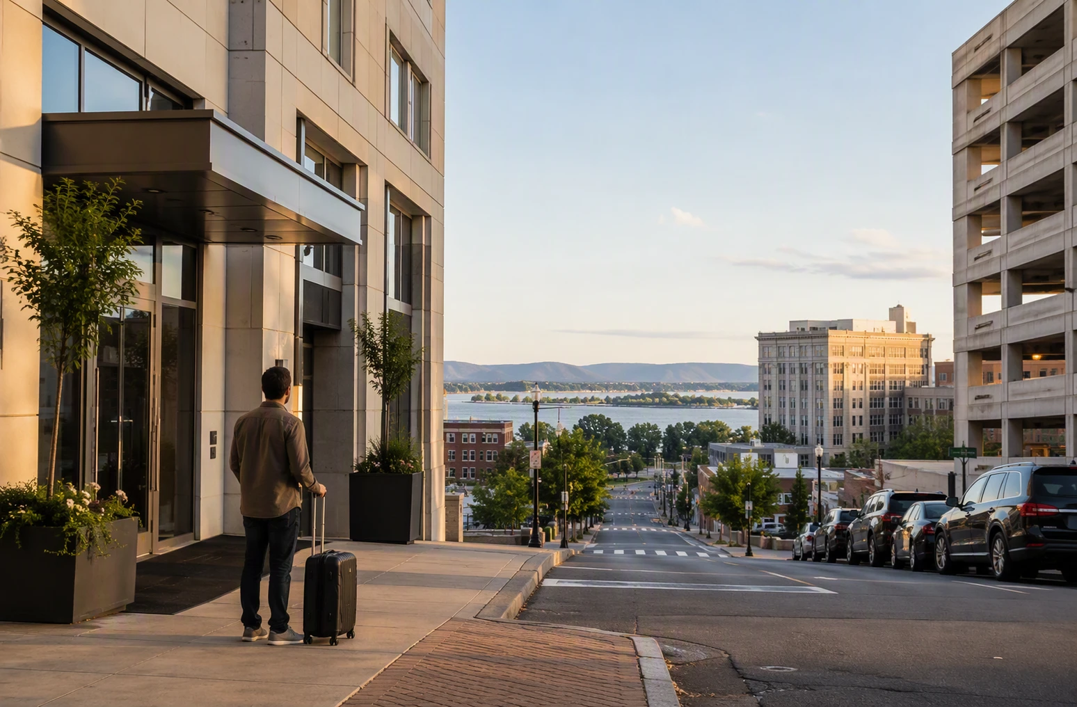 Downtown guest views river from sidewalk near Hilton