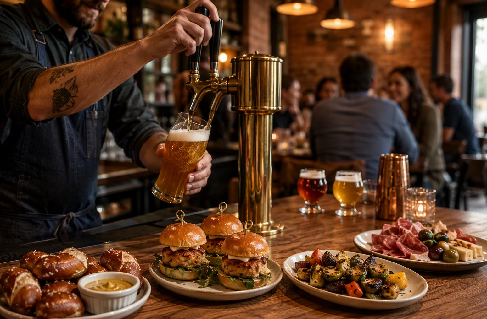Bartender pouring craft beer beside Harrisburg happy hour small plates
