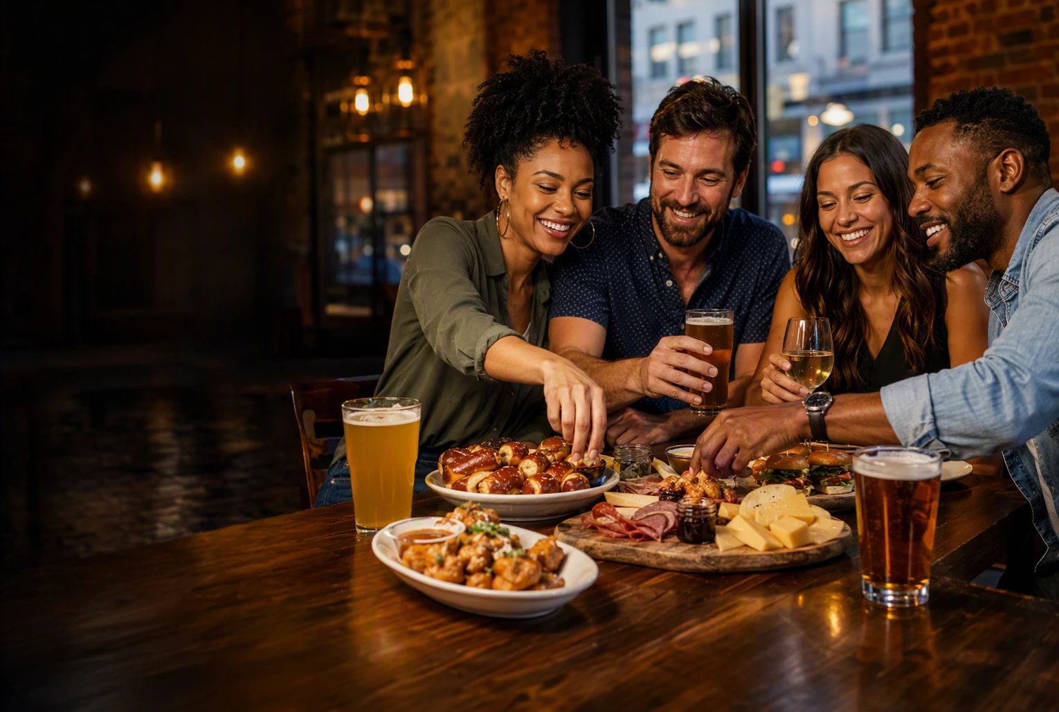 Friends enjoying happy hour small plates and local drafts downtown