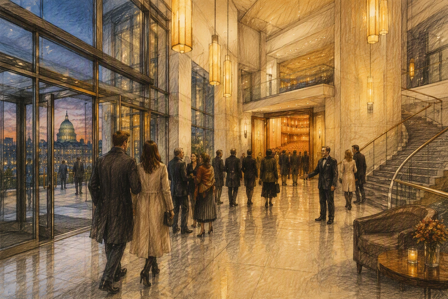 Concertgoers arriving at Whitaker Center lobby