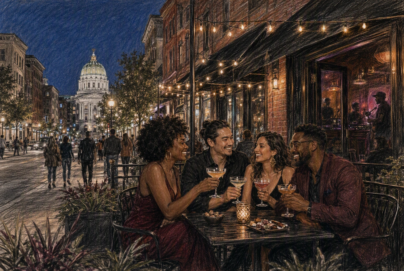 Friends toasting cocktails under North Second Street lights