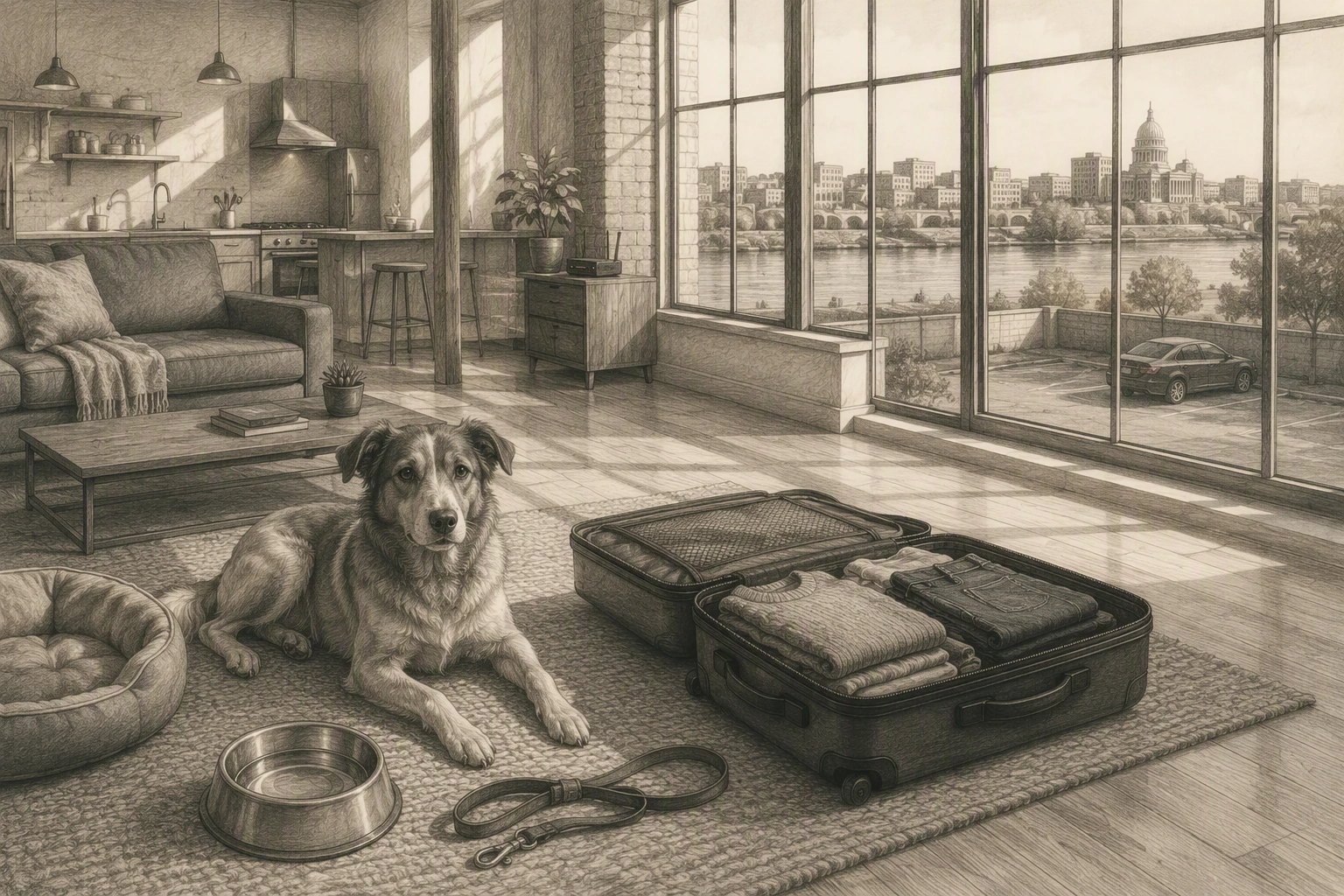 Dog rests beside suitcase in sunlit riverfront loft