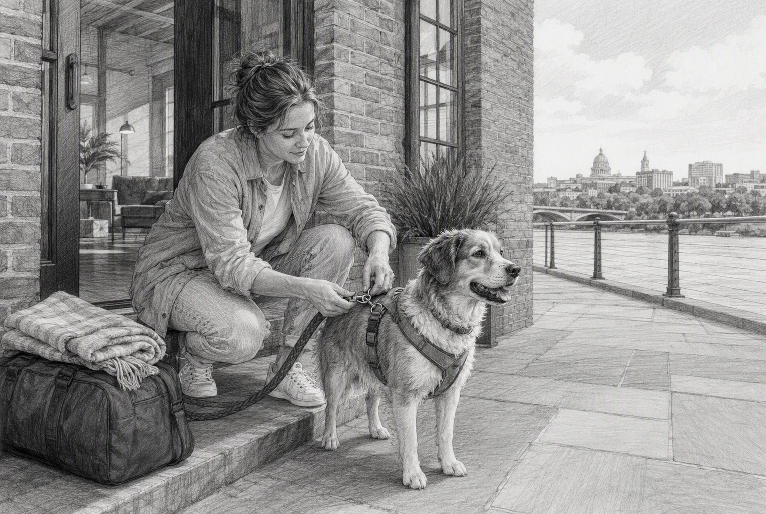 Leash clipped at BurgBnB riverfront loft entrance