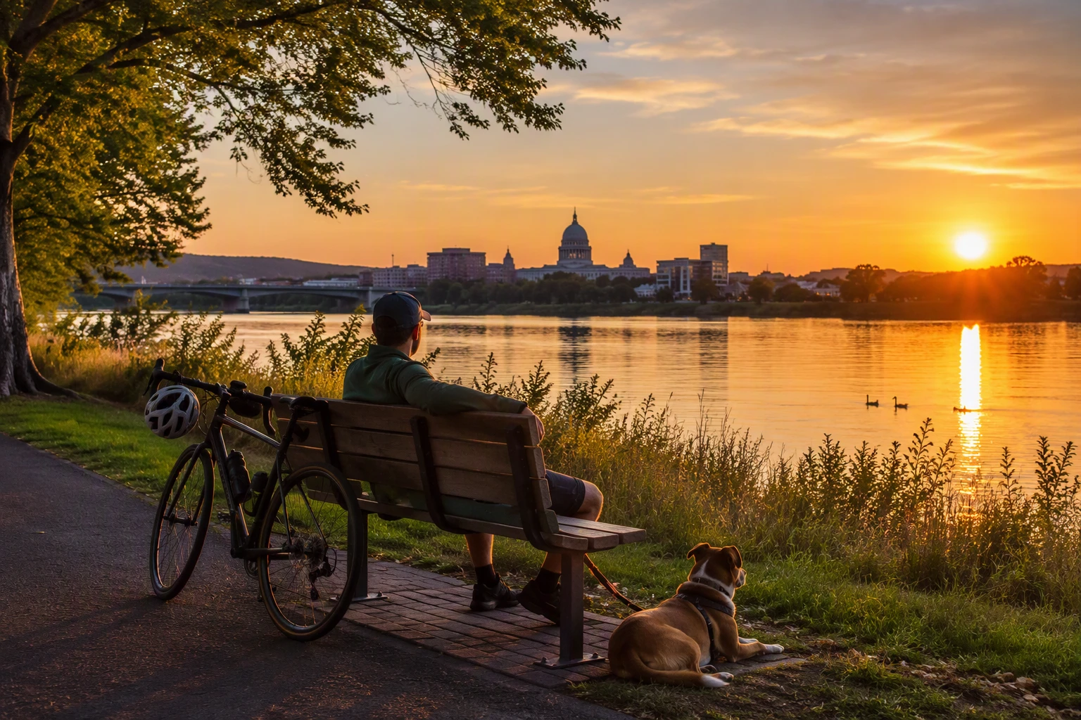 Sunset cyclist rests by Susquehanna River trail