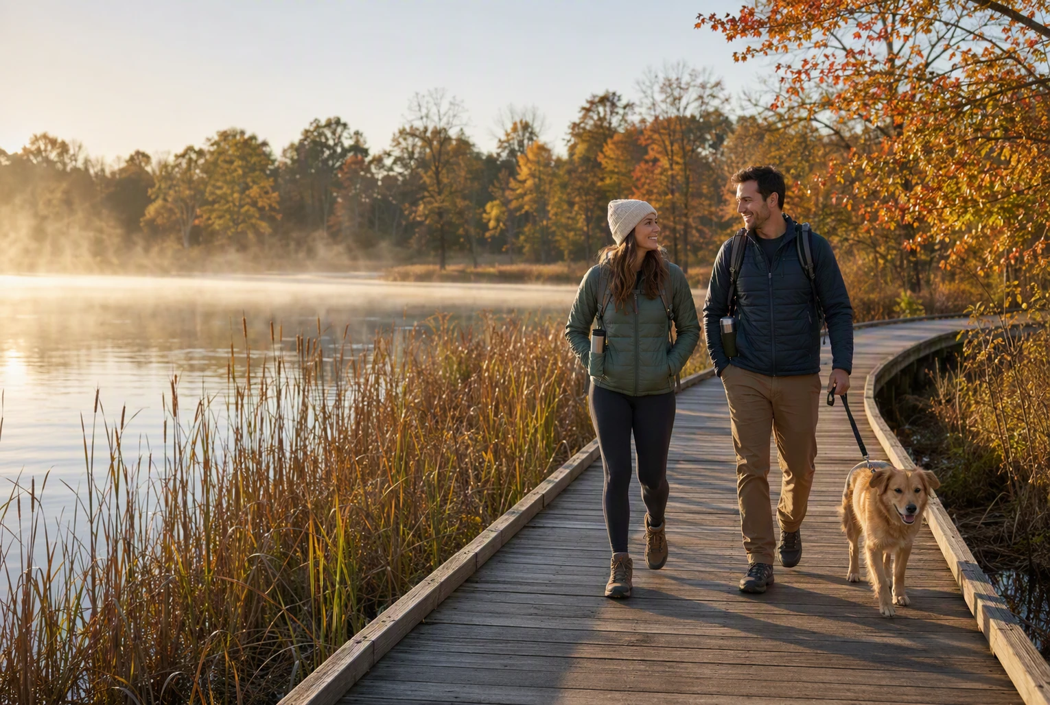 Morning walkers on Wildwood Lake boardwalk with dog