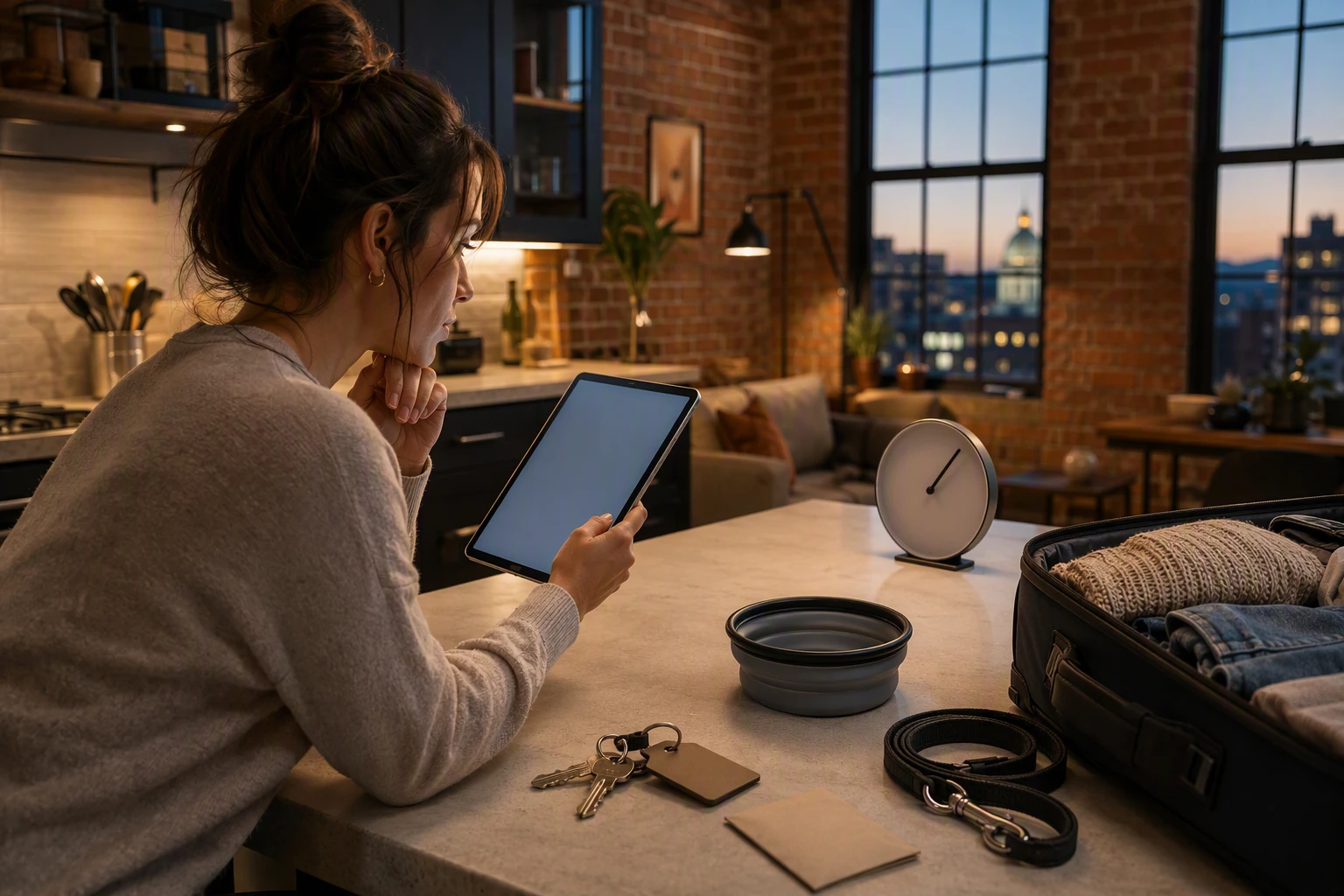 Traveler reviewing reservation details beside keys and luggage