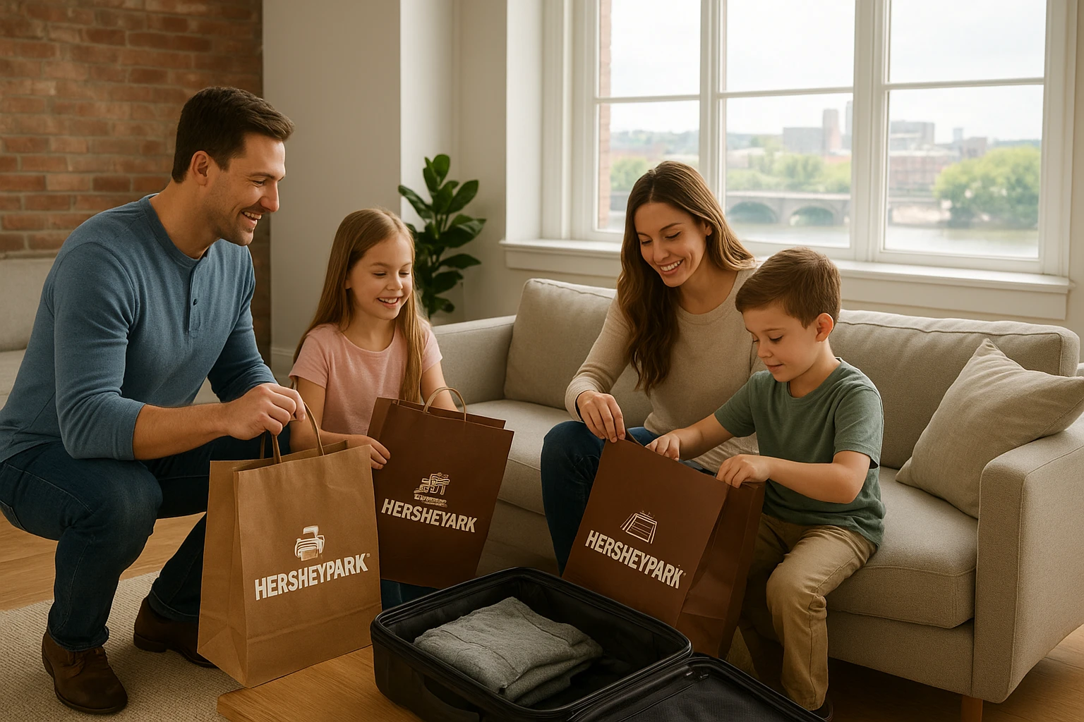 Family unpacks Hersheypark souvenirs in bright Harrisburg loft