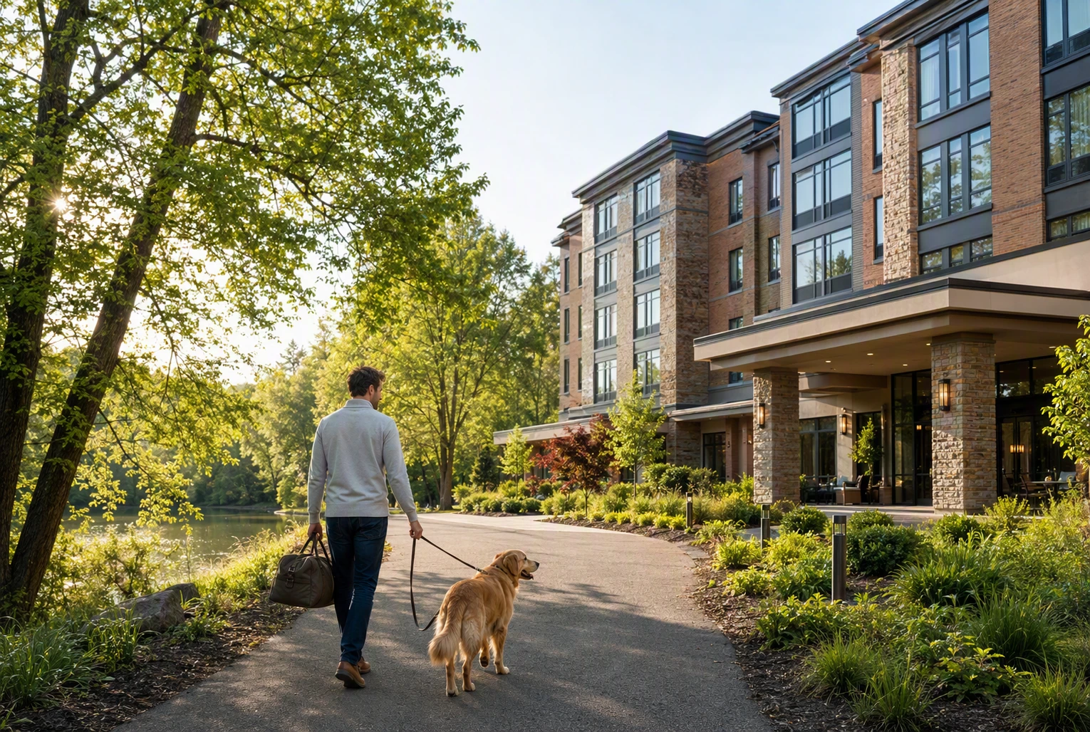 Dog owner strolling with pet through Wildwood Park near Staybridge Suites
