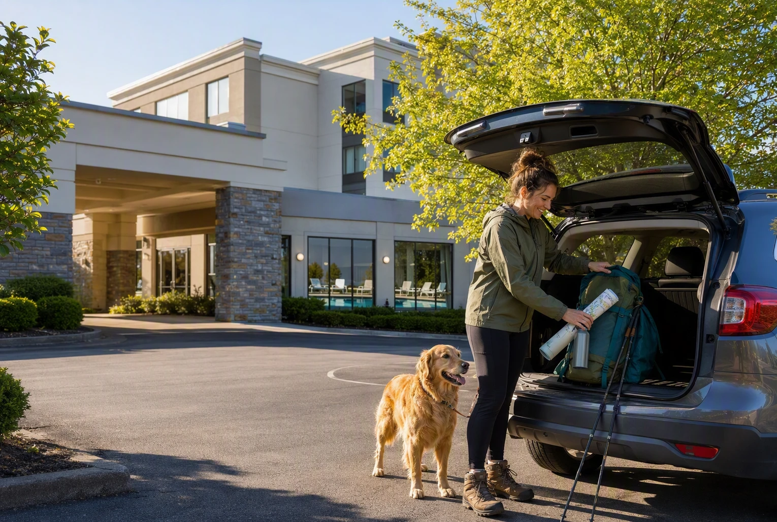 Dog owner packing car with hiking gear outside suburban hotel