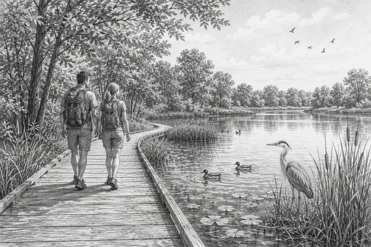 Couple strolling Wildwood Park boardwalk through wetlands by lake