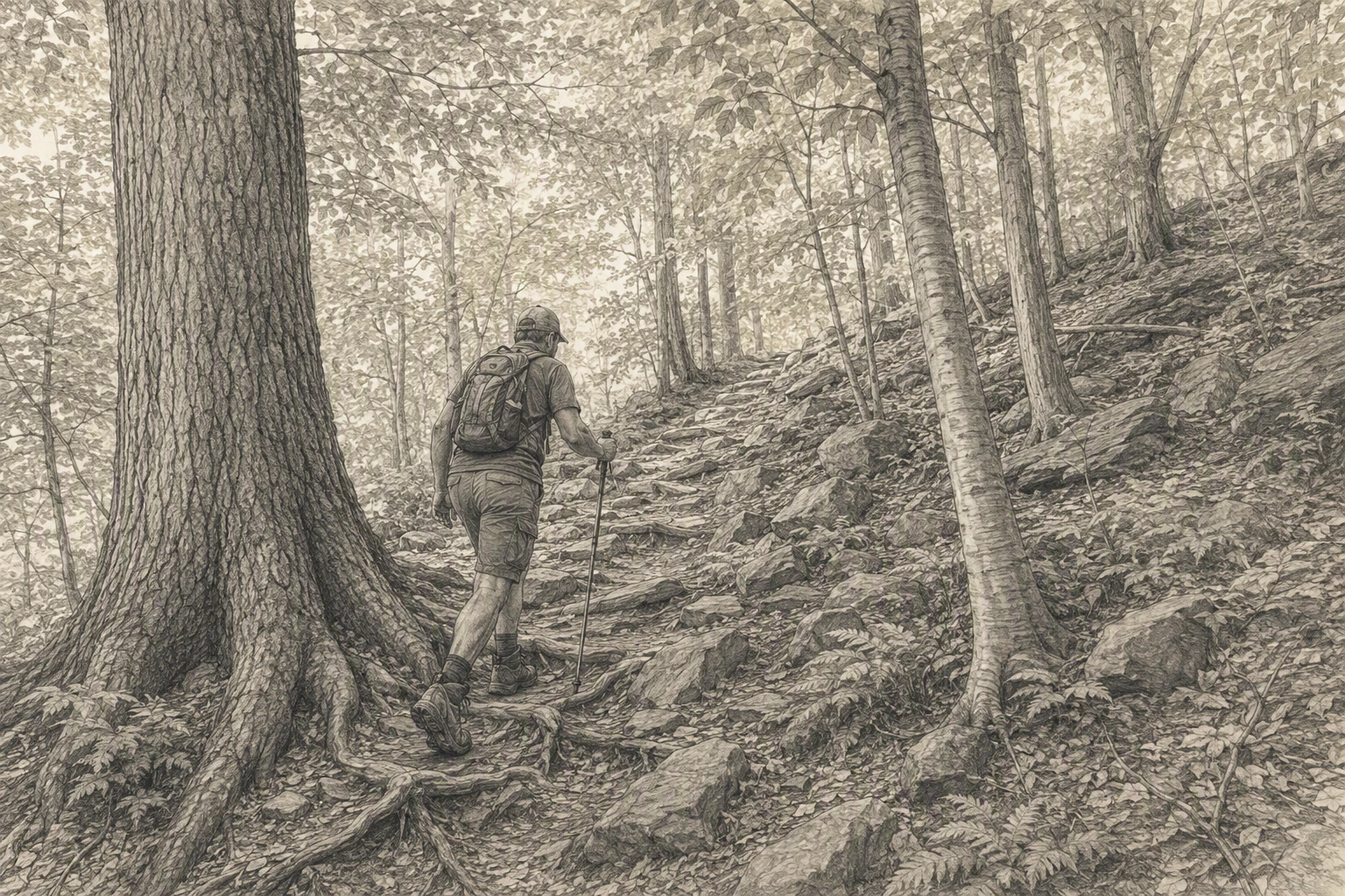 Hiker navigating rocky ridge in Boyd Big Tree Preserve